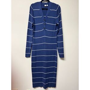 GAP Navy Stripe Ribbed V-Neck Henley Midi Sweater Dress L/S, Sz XL Tall